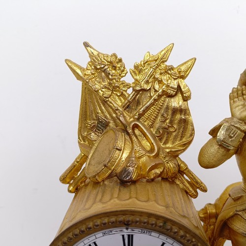 1510 - A gilt metal mantle clock, with enamel dial, in a gilt metal figural case, under a glass dome, 40 cm... 