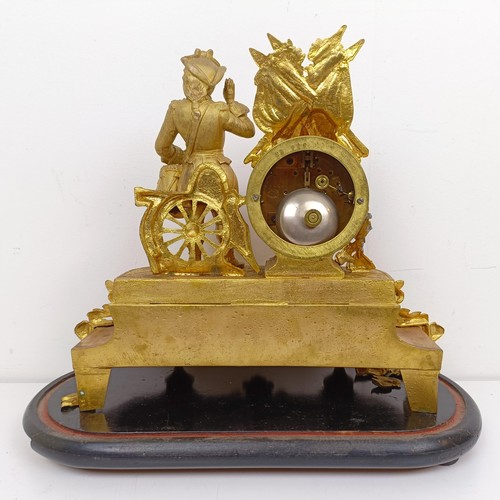 1510 - A gilt metal mantle clock, with enamel dial, in a gilt metal figural case, under a glass dome, 40 cm... 