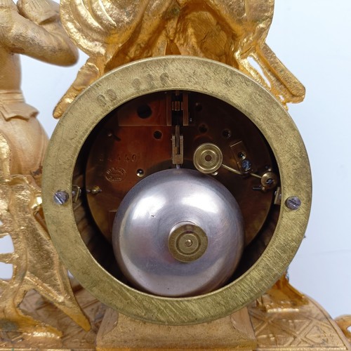 1510 - A gilt metal mantle clock, with enamel dial, in a gilt metal figural case, under a glass dome, 40 cm... 