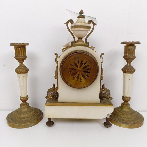 1520 - A late 19th century clock garniture, the clock having a 7 cm diameter enamel dial, with Roman numera... 