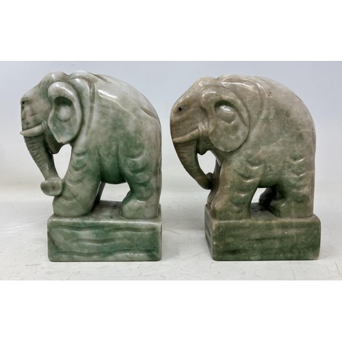 1321 - A pair of green stone bookends in the form of elephants, a Chinese soapstone carving, assorted silve... 