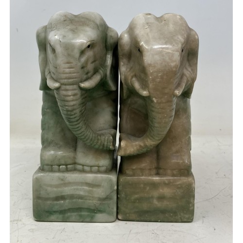 1321 - A pair of green stone bookends in the form of elephants, a Chinese soapstone carving, assorted silve... 