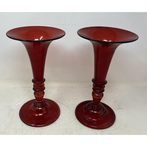 1327 - A pair of Venetian style ruby glass trumpet shaped vases, 27 cm high (2)