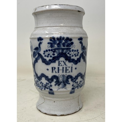 1330 - A pair of 19th century Delft pottery jug jars, with a vacant cartouche, repaired/restored, 14 cm hig... 