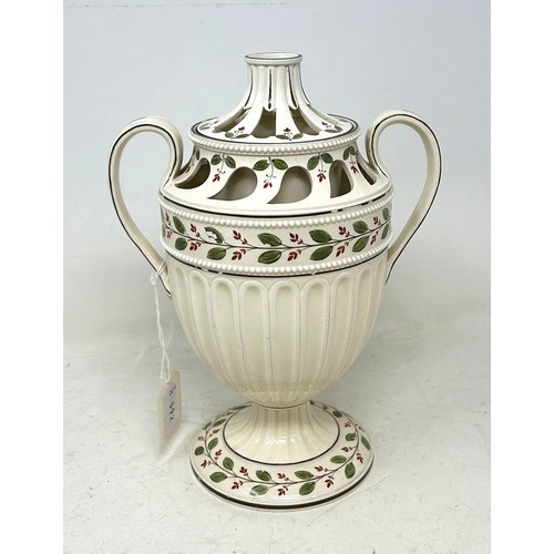 1344 - A Wedgwood creamware pot pourri vase, with twin handles, decorated leaves, 25 cm high