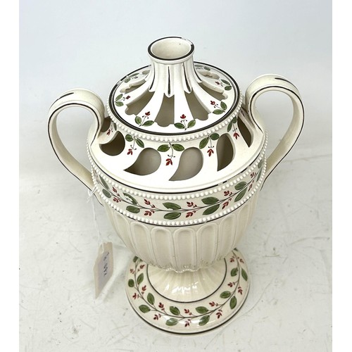 1344 - A Wedgwood creamware pot pourri vase, with twin handles, decorated leaves, 25 cm high