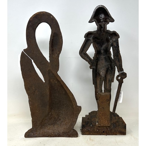 1346 - A late 19th century cast iron doorstop, in the form of a swan, 38 cm high, and another (2)