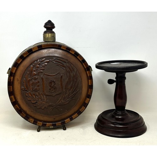 1347 - A late 19th century Dutch treen flask, initialled and dated 1886, 33 cm high, and with a turned wood... 