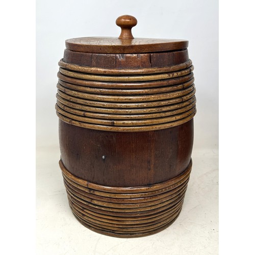 1348 - A late 19th century barrel and cover, 28 cm high, and another similar, 31 cm high (2)