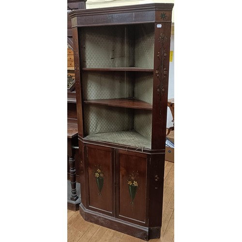 1644 - A Victorian mahogany sideboard, 150 cm wide, and a mahogany corner cabinet, painted flowers, 190 cm ... 