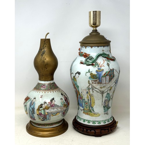 1372 - A Chinese famille rose vase, adapted into a lamp, 44 cm high (over fitment), and another similar, 36... 