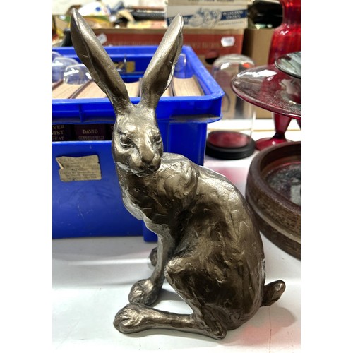 1375 - A bronzed figure, of a hare, 29.5 cm high, assorted glass, ceramics, books and other items (qty)