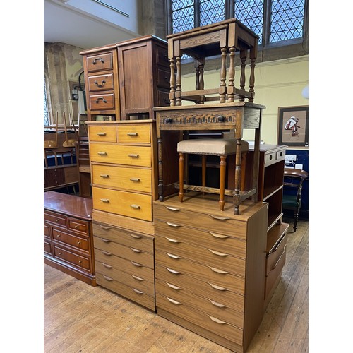 1633 - A yew wood bookcase, 74 cm wide, a teak chest, three chests of drawers, a stool, a mirror, an oak si... 