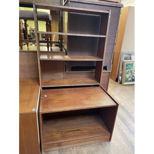 1633 - A yew wood bookcase, 74 cm wide, a teak chest, three chests of drawers, a stool, a mirror, an oak si... 