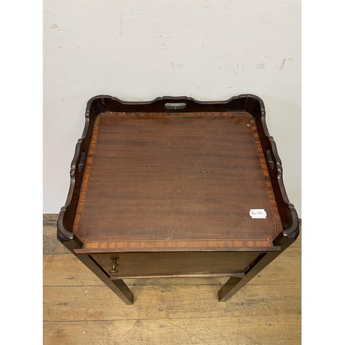 1606 - A mahogany tray topped bedside cabinet, with a cupboard door, 42 cm wide