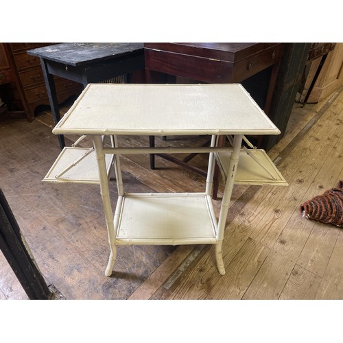 1621 - A painted side table, 82 cm wide, a tin faux mahogany shaving stand, a bamboo side table, a mahogany... 