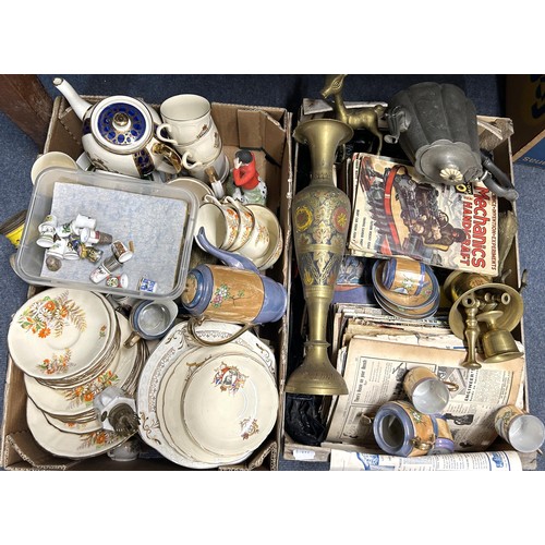 1386 - Assorted commemorative ceramics, brassware, magazines, books and other items (3 boxes)