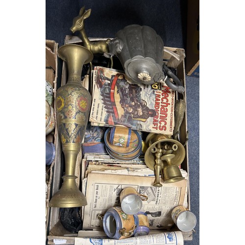 1386 - Assorted commemorative ceramics, brassware, magazines, books and other items (3 boxes)