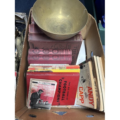 1386 - Assorted commemorative ceramics, brassware, magazines, books and other items (3 boxes)