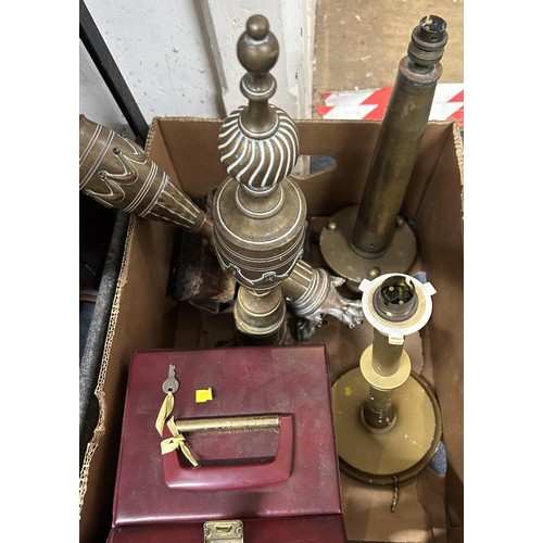 1396 - A brass lamp base, 40 cm high, and other items (2 boxes)