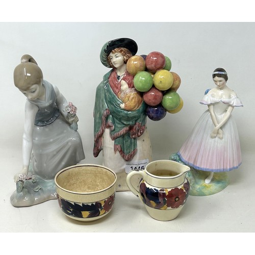 1446 - A Royal Doulton figure, the Balloon Seller HN583, another La Sylphide HN2138, a Lladro figure, and a... 