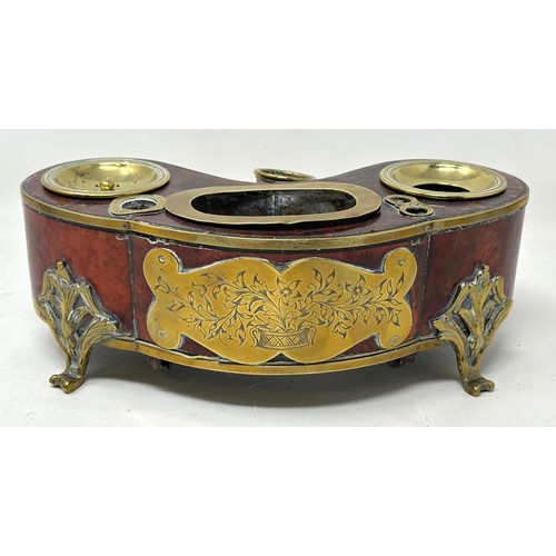 1447 - A 19th century Continental tortoiseshell and brass bound inkstand, 22 cm wide