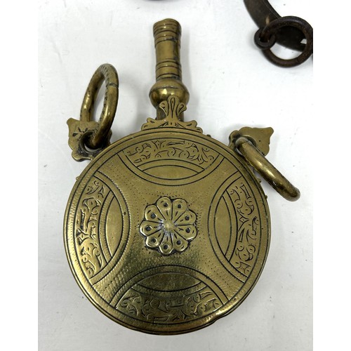 1453 - An unusual cast metal and brass scales, a Continental brass flask, lacking stopper, and an Eastern p... 