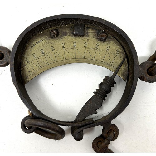 1453 - An unusual cast metal and brass scales, a Continental brass flask, lacking stopper, and an Eastern p... 