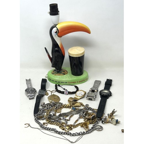 1455 - WITHDRAWN ssorted costume jewellery, badges and a Guinness toucan lamp