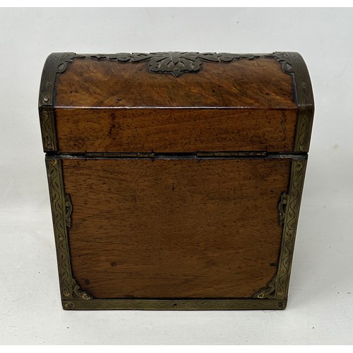 1459 - A walnut and brass bound decanter box, 14 cm wide