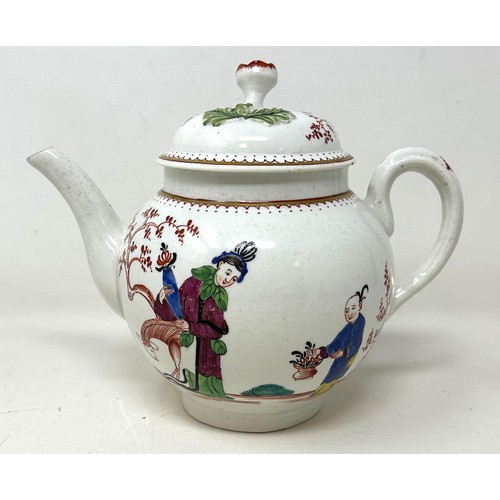 1470 - A mid-18th century Worcester porcelain teapot and cover, decorated Long Eliza pattern, in enamel col... 