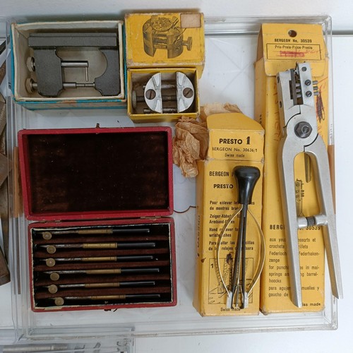 1503 - A group of assorted watchmakers and other tools, in a cabinet, and others loose (box)