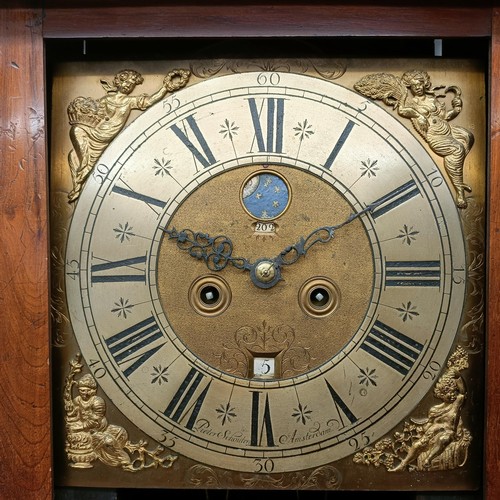 1534 - A Dutch longcase clock, the 29 cm square brass dial having a silvered chapter ring signed Pieter Sch... 