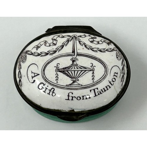 1440 - A 19th century oval enamel box, A Gift From Taunton, 3 cm wide