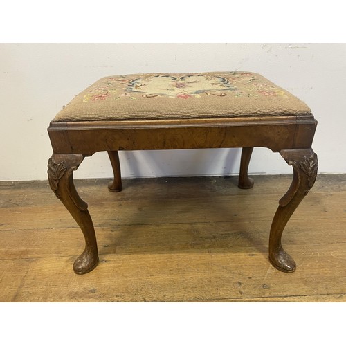 1574 - A Queen Anne style footstool, with a drop in needlework seat, 53 cm wide