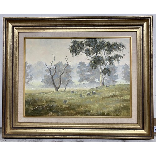 1412 - Kaye Bird, view with sheep, oil on board, signed, 30 x 39 cm, and Austin Norman, Australian outback ... 