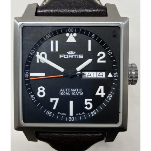 25 - A gentleman's stainless steel Fortis Square no.2037 wristwatch, on a leather strap, boxed