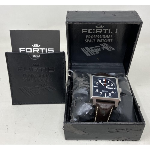 25 - A gentleman's stainless steel Fortis Square no.2037 wristwatch, on a leather strap, boxed