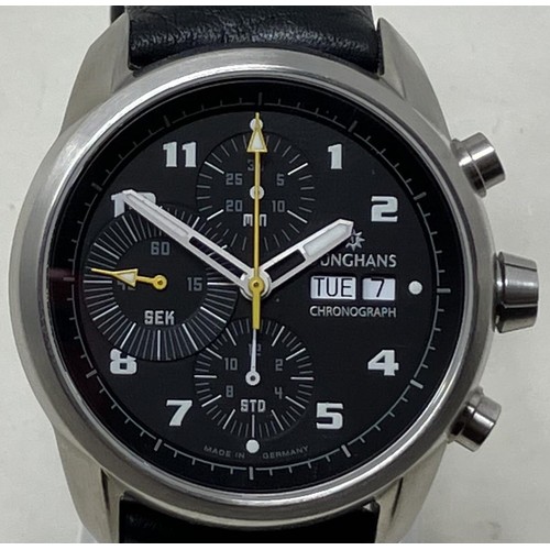 28 - A gentleman's stainless steel Junghans Chronograph Automatic wristwatch, on a leather strap