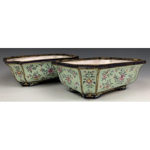 1600 - A pair of Chinese Canton enamel jardinieres, decorated flowers on a pale green ground, 19.5 cm wide ... 