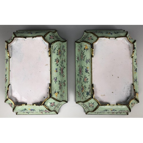 1600 - A pair of Chinese Canton enamel jardinieres, decorated flowers on a pale green ground, 19.5 cm wide ... 