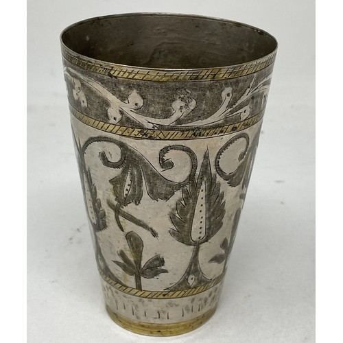 1544 - A Persian beaker, 13 cm high, a silver coloured metal box and cover, 9 cm diameter, and a brass oil ... 