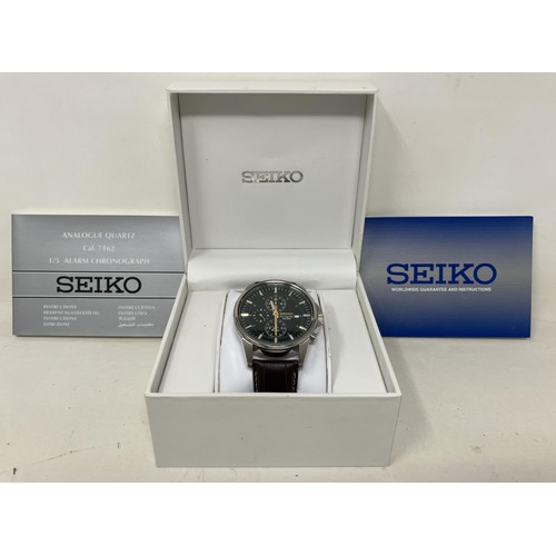 81 - A gentleman's stainless steel Seiko Chronograph 100m wristwatch, on a leather strap, boxed, with ins... 