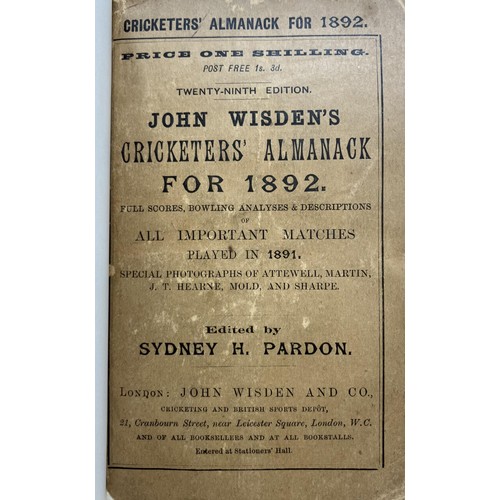 502 - A Wisden Cricketers' Almanack, 1892Provenance:  From the Harry Brewer Cricket Memorabilia Collection... 