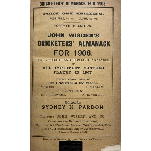 518 - A Wisden Cricketers' Almanack, 1908Provenance:  From the Harry Brewer Cricket Memorabilia Collection... 