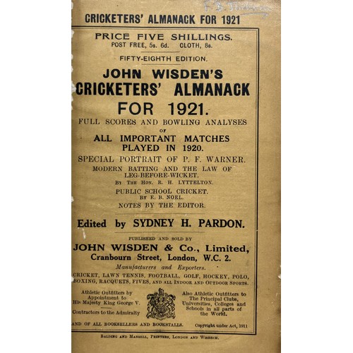 531 - A Wisden Cricketers' Almanack, 1921Provenance:  From the Harry Brewer Cricket Memorabilia Collection... 