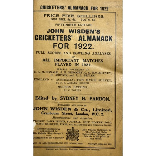 532 - A Wisden Cricketers' Almanack, 1922Provenance:  From the Harry Brewer Cricket Memorabilia Collection... 