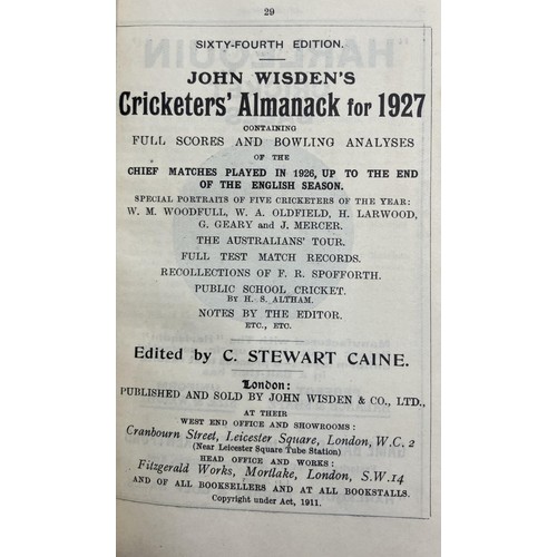 537 - A Wisden Cricketers' Almanack, 1927Provenance:  From the Harry Brewer Cricket Memorabilia Collection... 