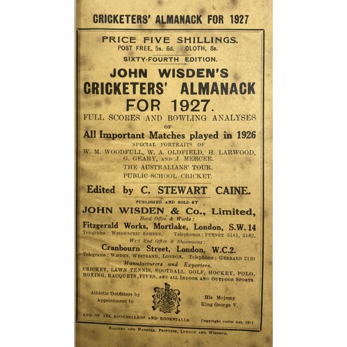 537 - A Wisden Cricketers' Almanack, 1927Provenance:  From the Harry Brewer Cricket Memorabilia Collection... 