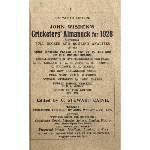 539 - A Wisden Cricketers' Almanack, 1928Provenance:  From the Harry Brewer Cricket Memorabilia Collection... 